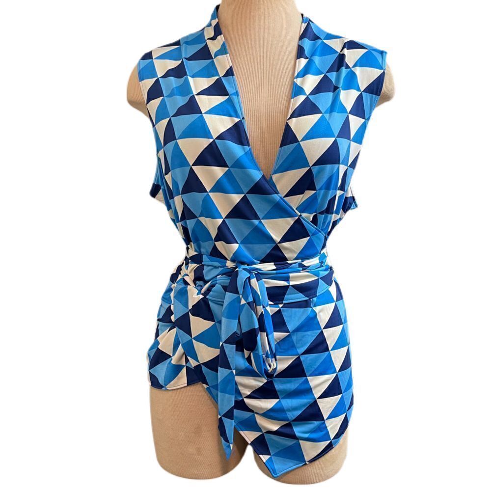 Nikki Poulos Blue White Retro Boho Tank Shirt Blouse Size 1X